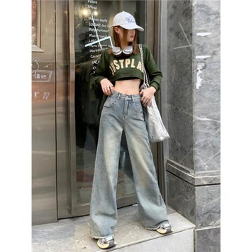 (免運)POYZ新款美式做舊褲復古水泥黃直筒寬松牛仔褲女高腰顯瘦闊腿