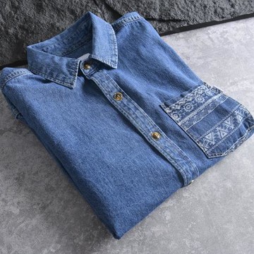 日單！全棉水洗外貿男裝秋季休閑腰果花口袋長袖牛仔襯衫夾克外套