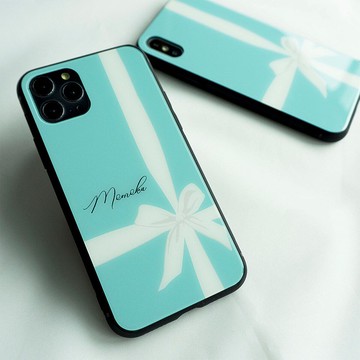 適用於多台裝置的玻璃智慧型手機外殼 [白絲帶，刻有名字]藍綠iPhone Android JI30U