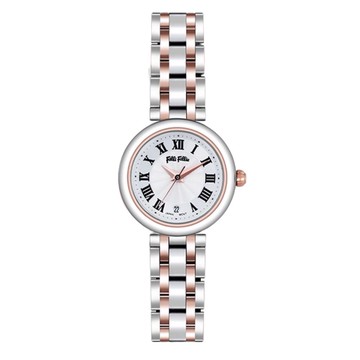 【Folli Follie】24毫米 小巧秀氣 簡約時尚 不鏽鋼鍊錶帶腕錶(銀x玫瑰金 FF230738)