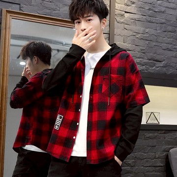 春秋季帶帽襯衣男韓版潮流休閑青年中學生上衣假兩件格子襯衫外套
