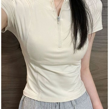 爆款直降價 上衣女 短袖 內搭上衣 2025時尚修身顯瘦正肩短袖t恤女夏季新品高腰百搭短款半拉鍊上衣