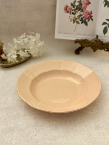 *40269-法國古董Sarreguemines DIGOIN 淡粉色12邊形湯盤22.5cm