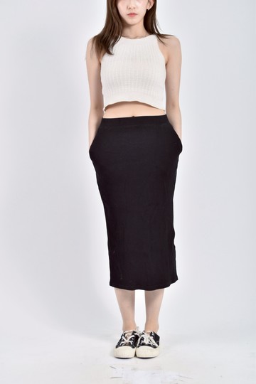 (M) uniqlo質感棉質燈芯絨鬆緊腰黑色長裙