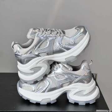 歐洲站真皮老爹鞋女2024秋冬新款網面透氣小白鞋厚底休閑運動鞋潮