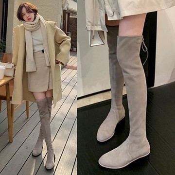 兩種跟高膝上靴．氣質顯瘦素色絨面綁帶過膝長靴．白鳥麗子