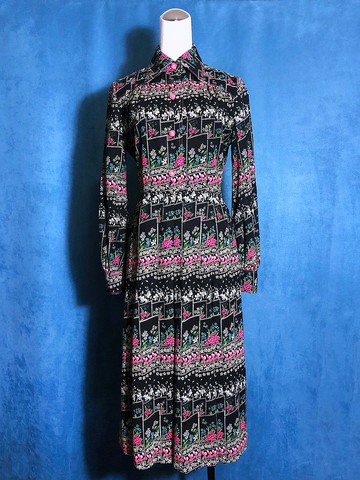 花朵車線長袖輕古董洋裝/ 國外帶回 VINTAGE