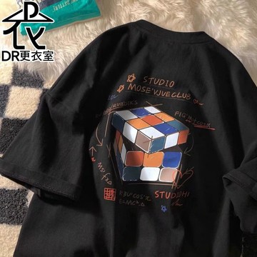 DR更衣室- 魔術方塊印花寬鬆 韓版短T 休閒五分袖短 上衣 大尺碼8XL【NL622244】