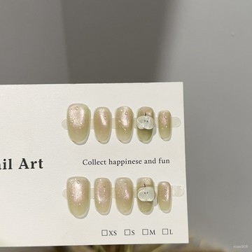 ➕最新設計款穿戴甲💅純手工穿戴甲高級感粉綠色芭樂貓眼短款美甲片輕奢簡約假指甲貼片短橢圓穿戴甲 9F6P