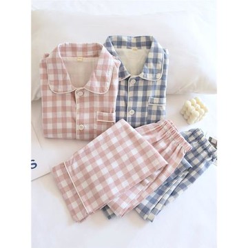 日式無印風格子睡衣兒童春秋純棉磨毛絨布長袖男女童無側縫家居服