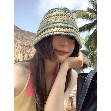 日系2025新款針織鏤空漁夫帽女春夏透氣百搭草編帽子水桶帽遮陽帽