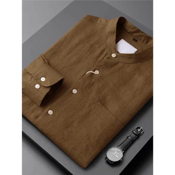 通勤輕熟休閑透氣亞麻長袖襯衫百搭度假立領襯衣男士亨利領上衣