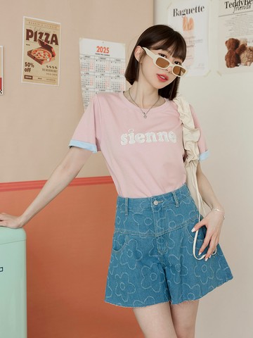 蕾絲字母撞色反摺短袖上衣