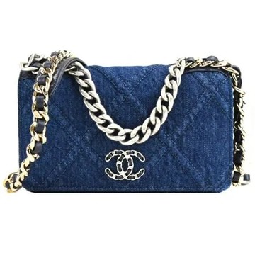 CHANEL 19 經典 LOGO菱格紋丹寧帆布WOC手拿/斜背包(藍色)