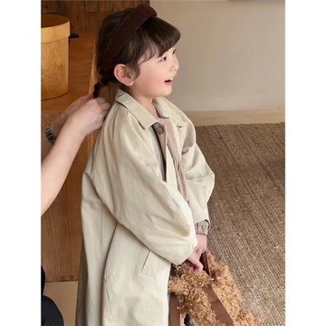 女童外套兒童風衣中長款翻領春秋裝2025新款大童高級感氣質大衣薄