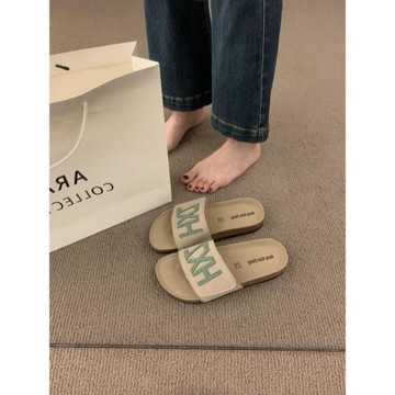 復古小眾魔術貼一字帶字母涼拖鞋女夏外穿海邊休閑松糕厚底沙灘鞋