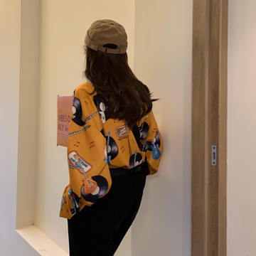 韓國Chic氣質復古長袖襯衫寬松印花中長款襯衣女上衣1入