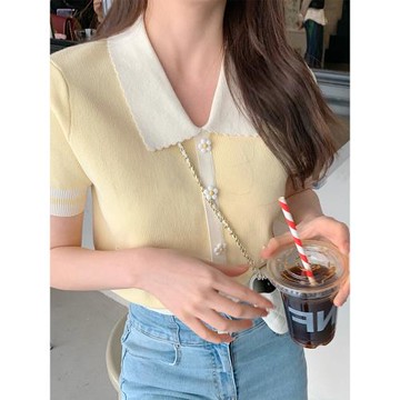 夏季法式撞色冰絲短袖針織衫女設計感小眾溫柔polo衫短款上衣t恤