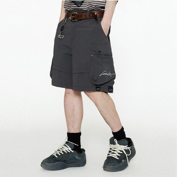 男士深灰色工裝短褲  夏季立體口袋五分褲