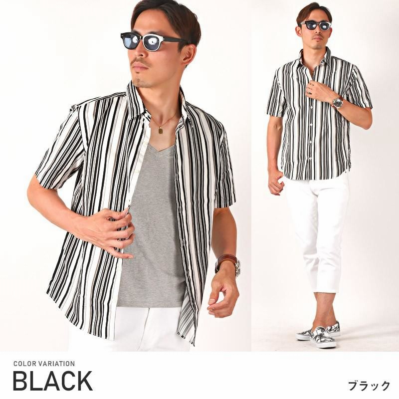 【個性派古着】日本製　半袖総柄デザインシャツ　開襟　ラクダ　ストライプ　メンズＬ 個性派古着】半袖総柄デザインシャツ ストライプ柄 和風