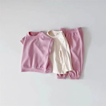 韓國兒童套裝春秋ins男童女童長袖T恤背心褲子T恤長褲休閑三件套