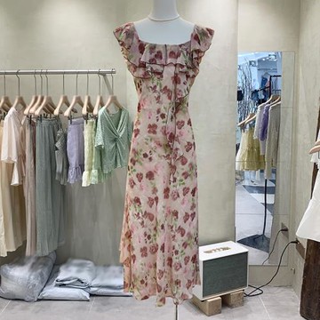 十三行法式度假風方領無袖荷葉邊修身仙女甜美背心碎花連衣裙女夏