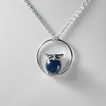 福氣貓頭鷹 玉 墜子 天然墨玉 8x10mm A貨 925 純銀 項錬 禮物