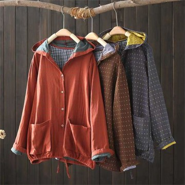 2024年春裝 文藝范復古連帽寬松格子開衫外套女 雙層棉紗薄款上衣