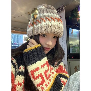 撞色條紋針織帽秋冬韓版簡約百搭大頭圍顯臉小保暖毛線帽女