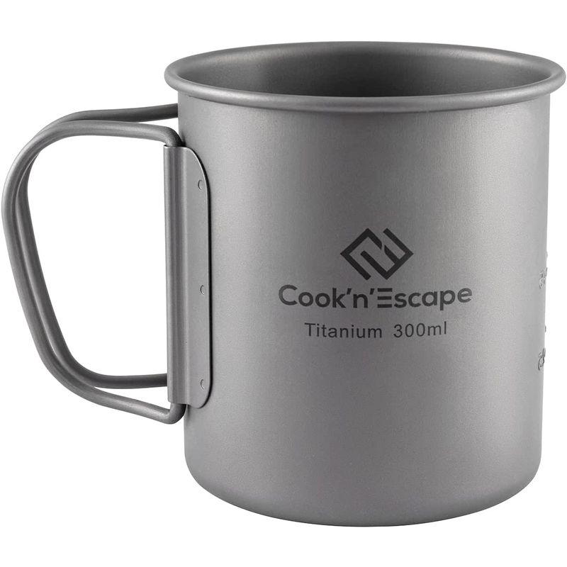 COOK N ESCAPE チタン マグカップ アウトドアマグカップ 300ml 超軽量 頑丈 直火 シングルマグ 折りたたみハンドル付き 専用収納袋付