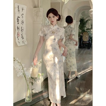 【❤️台灣出貨2XL】短袖旗袍 新中式洋裝 國風清冷感旗袍日常 中國風溫柔氣質提花連衣裙 藍茶白色旗袍 夏季洋裝