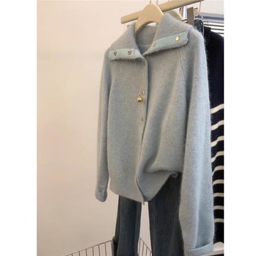 藍色翻領浣熊絨毛衣外套女秋冬冬季加厚慵懶軟糯高領針織開衫上衣