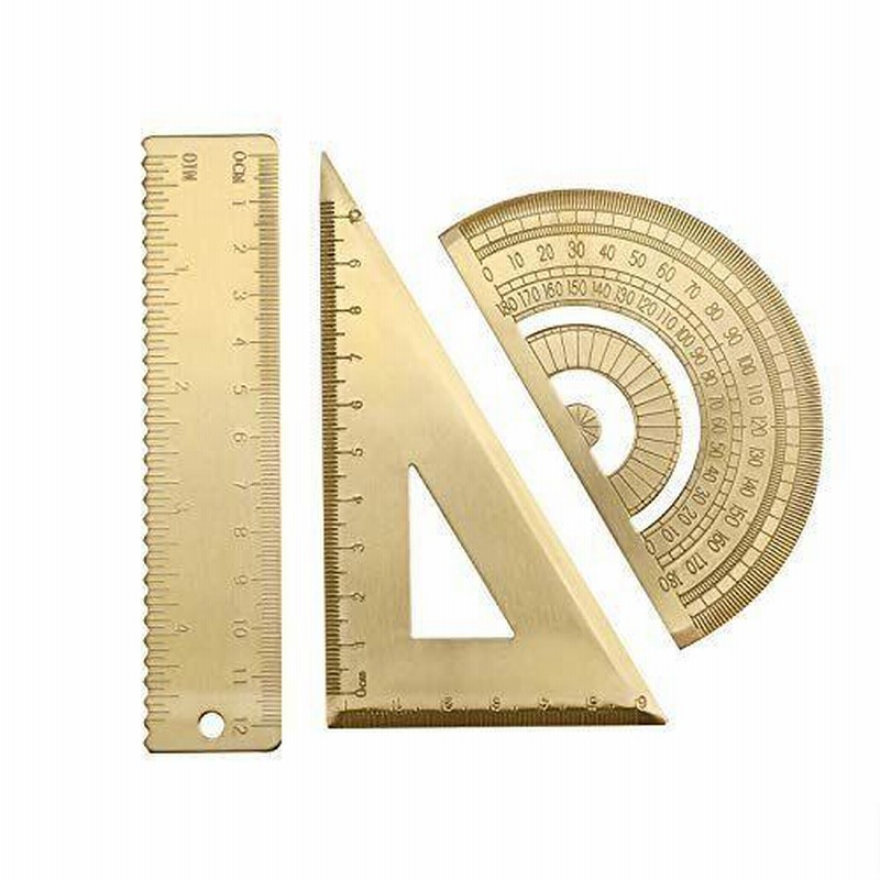 定規セット おしゃれ 真鍮製定規 目盛付き 三角定規 分度器 12cm