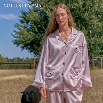 NotJustPajama Bubu小羊真絲拼接絨邊女士長袖睡衣套裝 - 霧霾藍「男款」-XXL