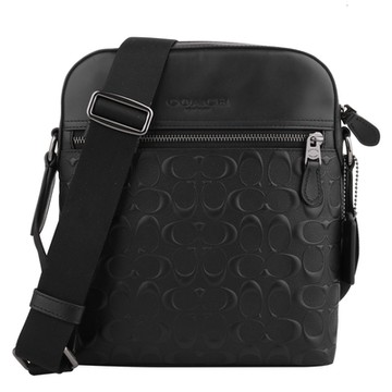 COACH 防刮拼接浮雕LOGO皮革拉鍊直式斜背包(黑)