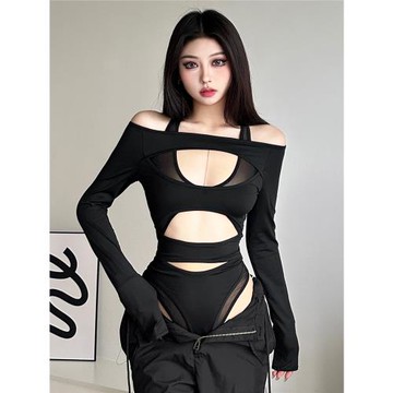 怪誕女孩 禁欲系趣味鏤空不規則設計長袖T恤ins潮性感修身連體衣