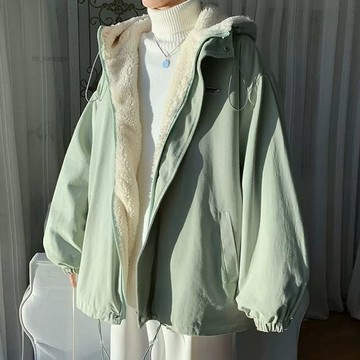 羊羔毛外套女ins秋冬新款韓版寬鬆工裝港風學生日系棉衣加絨加厚  刷毛外套 加絨加厚外套 冬天外套 女裝 上衣 連帽外套