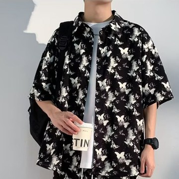 原宿風 新款 夏季 日系 百搭 慵懶男士 痞帥 襯衫男 韓版 修身 蝴蝶 印花短袖 襯衫 垂感 薄款襯衫（N3712）