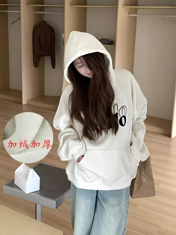 中長款印花衛衣女加絨加厚冬季新款寬松連帽外套休閑保暖上衣