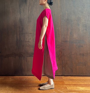 法式袖組合連身裙 三角梅/淺棕色