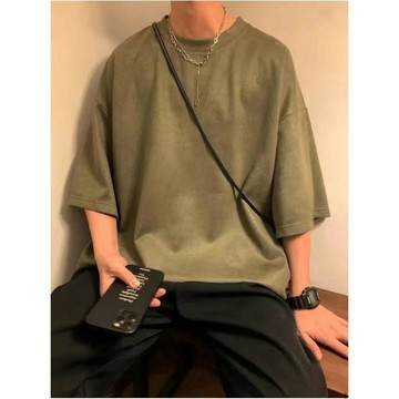 牛油果綠美式復古重磅麂皮絨T恤男短袖oversize情侶大碼五分半袖