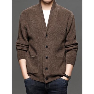 春秋季休閑雪尼爾男士V領針織開衫潮流韓版外穿男裝加厚毛衣外套