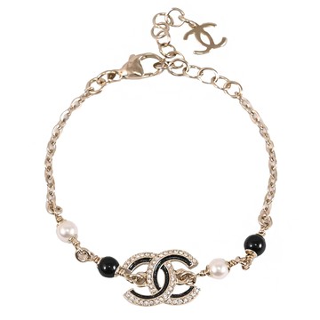 CHANEL ABG115 黑彩細閃水鑽雙C LOGO珠飾手鍊.淡金
