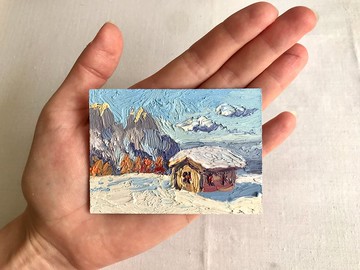 小牆藝術 原創油畫 山畫 ACEO 山日出 / 精緻 / 原創手工油畫