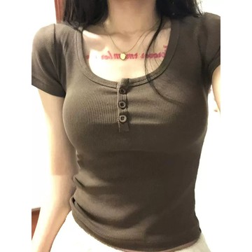 💕甜心大尺碼💕大尺碼上衣  300斤大碼女裝微胖純欲風正肩U領短袖t恤女修身顯瘦辣妹短款上衣