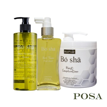 【POSA】Bó Shā 強健養護金三角組合 抗落髮首選｜強健養護洗髮乳500ml+膠原蛋白修護霜500ml+微涼感養髮液150ml