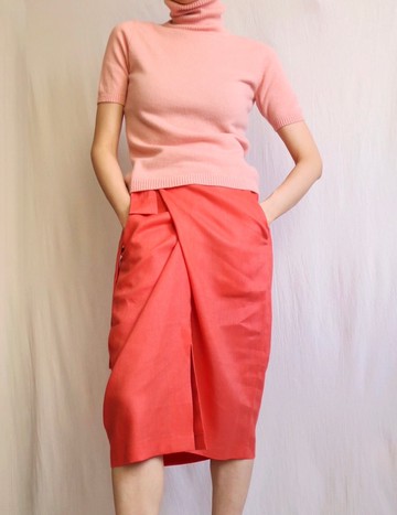 古著鮭魚粉喀什米爾短袖套頭高領毛衣 XS-S