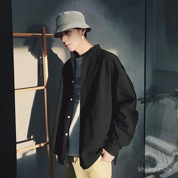 🐱限時下殺🐱2025新款 洋氣 時尚 百搭 領素色襯衫 寬鬆棉麻襯衫 落肩風格 長袖襯衫 韓係立領襯衫 休閒襯衫 GRW