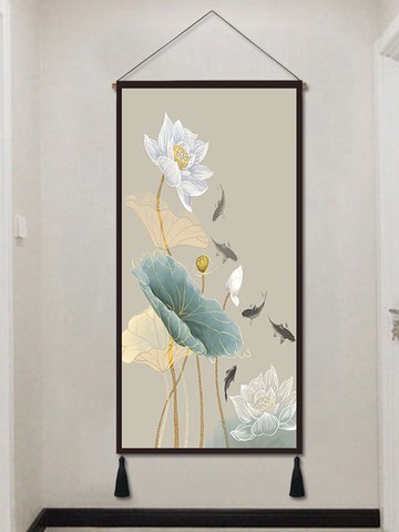 玄關裝飾畫荷花新中式布藝掛畫現代客廳書房掛毯床頭壁畫豎中國風