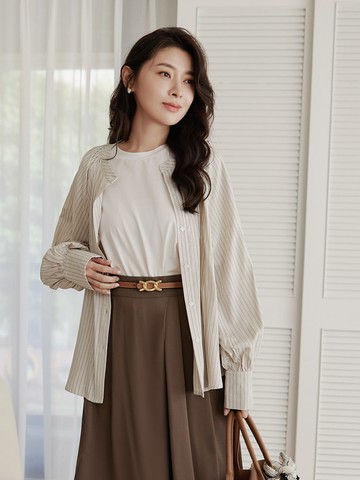 棉質圓領條紋寬袖口襯衫上衣